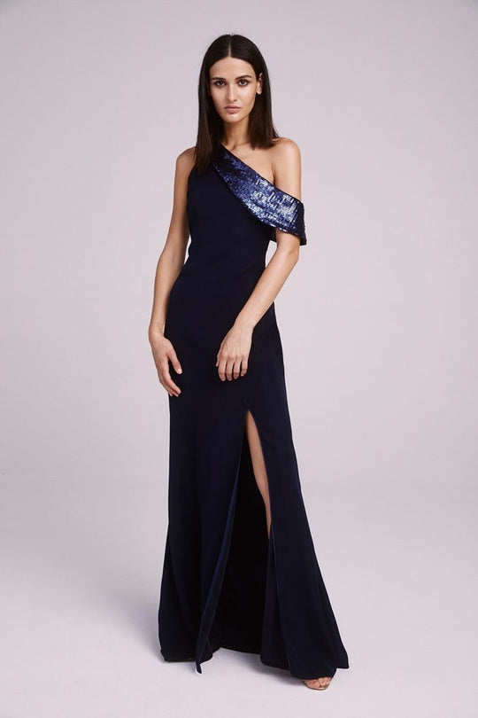 Tadashi Shoji - Asymmetric Neck Sheath Dress With Slit In Blue