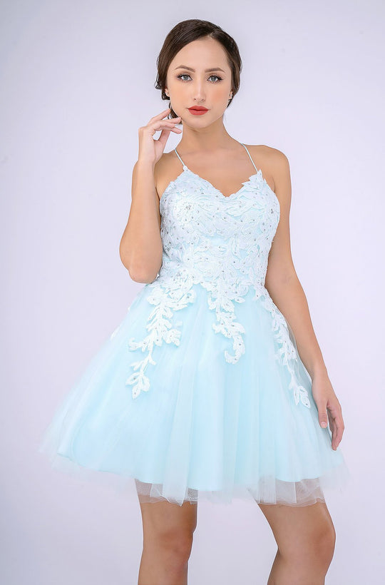 Nina Canacci - 533 Beaded Lace Halter V-neck A-line Dress In Blue