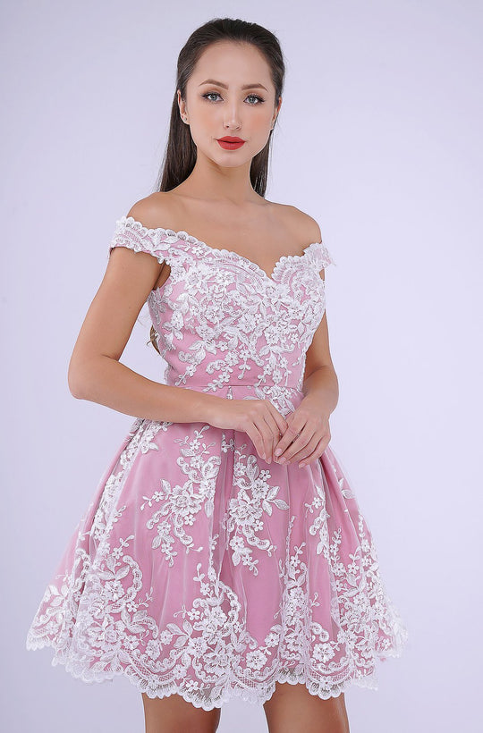 Nina Canacci - 541 Lace Applique Off-Shoulder A-line Dress In Pink