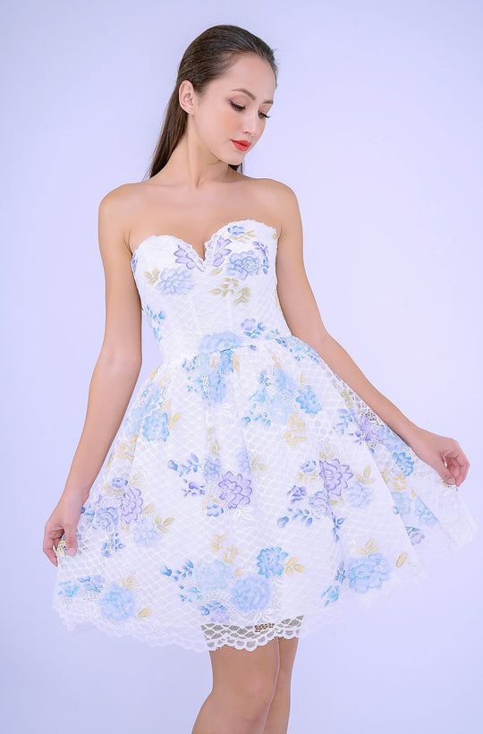 Nina Canacci - 539 Floral Patterned Sweetheart A-line Dress In White
