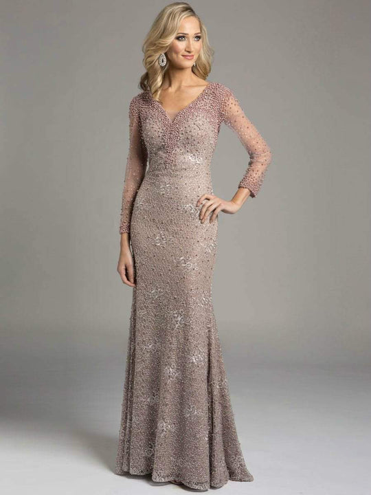 Lara Dresses - Sultry Long-Sleeved V-Neckline Sheath Evening Gown with Beaded Embellishments 33237, Pink