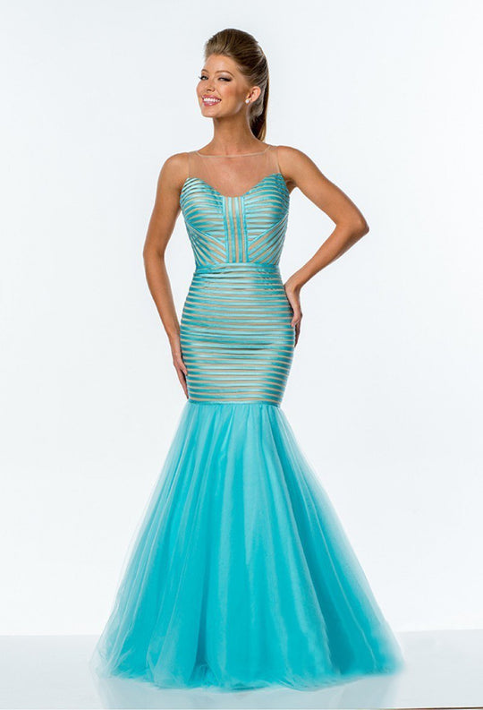 Terani Couture - 151P0106A Striped Trumpet Tulle Gown in Blue and Neutral