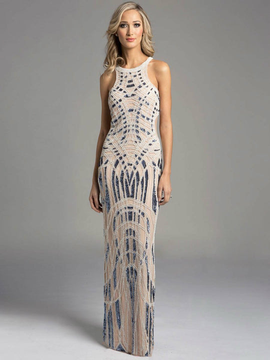 Lara Dresses - Bewitching  Halter Gown with Eccentric Beadworks 33254, Neutral, Blue