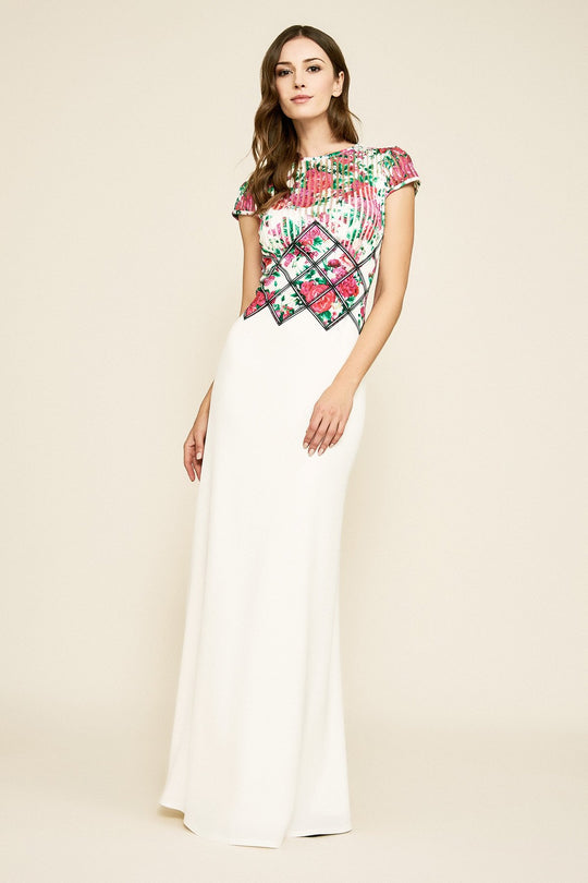 Tadashi Shoji - Floral Printed Bodice A-line Dress In White and Multi