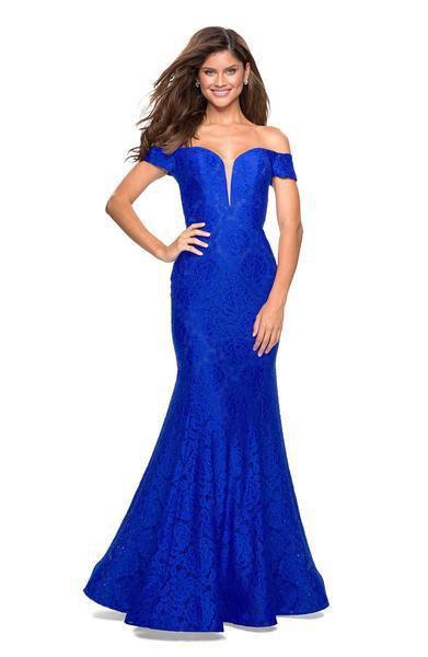 La Femme - 27613 Off-Shoulder Fitted Mermaid Evening Dress In Blue