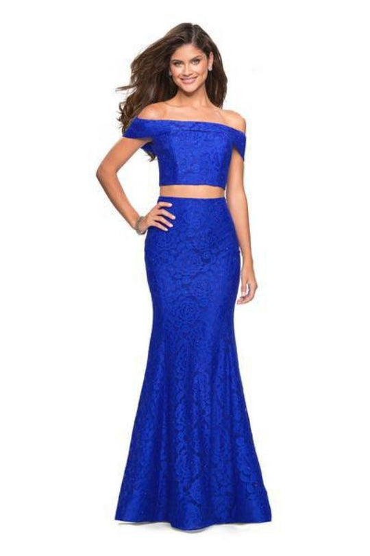 La Femme - 27443 Two-Piece Allover Lace Off Shoulder Mermaid Gown In Blue
