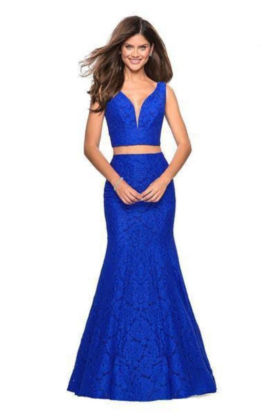 La Femme - 27262 Allover Lace Sleeveless V Neck Two-Piece Mermaid Gown In Blue