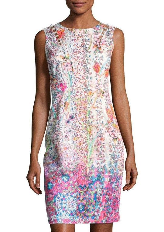 Elie Tahari - E6033607 Multi-Print Jewel Neck Sheath Dress In Pink and Multi-Color