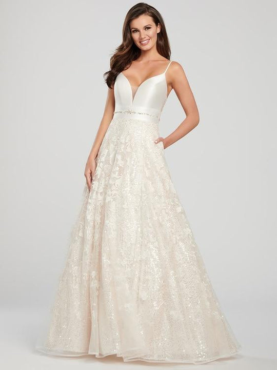 Ellie Wilde - EW119005 Sleeveless Scoop Back Beaded Lace A-Line Gown In White