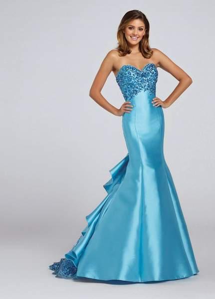 Ellie Wilde - EW117060 Sequined Strapless Ruffled Back Evening Gown in Blue