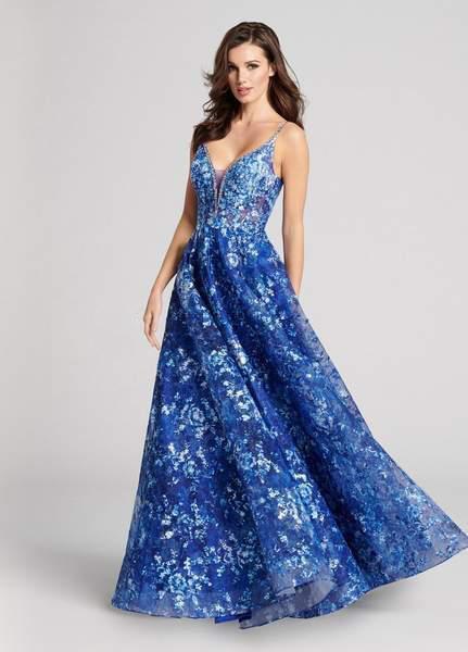 Ellie Wilde - EW21885 Plunging V-Neck Printed Lace Evening Gown in Blue