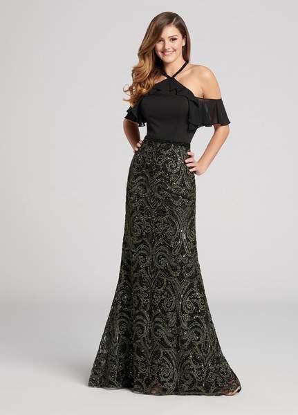Ellie Wilde - EW21875 Ruffled Cold Shoulder Embroidered Gown in Black