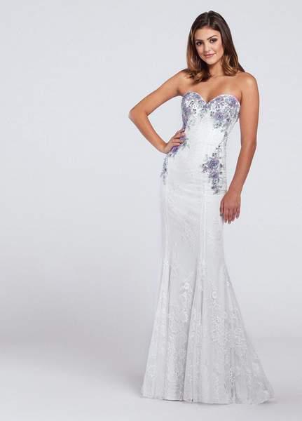 Ellie Wilde - EW117019 Floral Appliqued Strapless Mermaid Dress in white