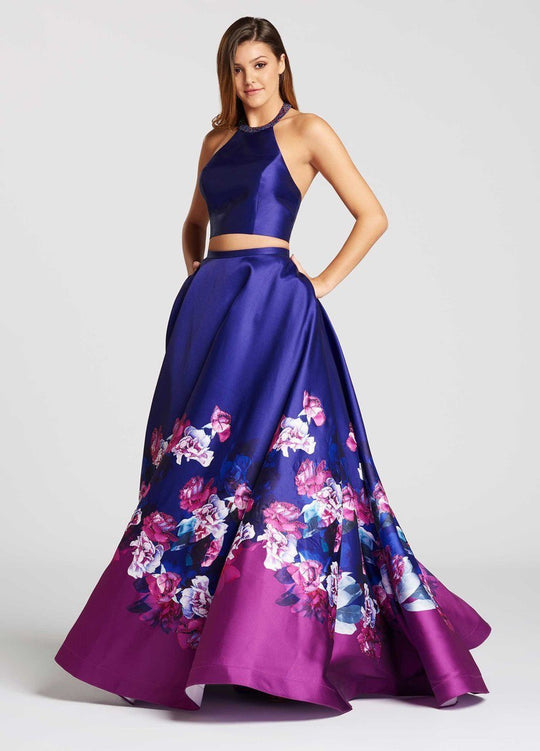 Ellie Wilde - EW118001 Two Piece Halter A-line Dress In Purple and Multi-Color