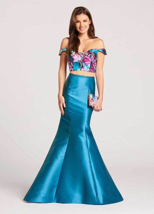 Ellie Wilde - EW118002 Floral Print Two Piece Ruffled Mermaid Dress In Green and Multi-Color
