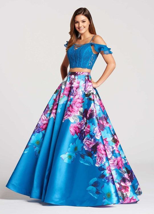 Ellie Wilde - EW118003 Two Piece Lace Up Floral Print A-line Dress In Blue and Multi-Color