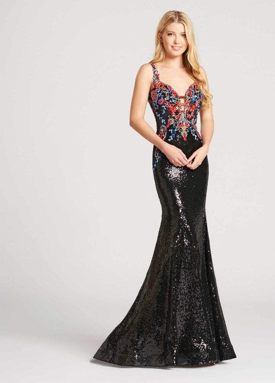 Ellie Wilde - EW118026 Embroidered Plunging Trumpet Gown In Black and Multi-Color
