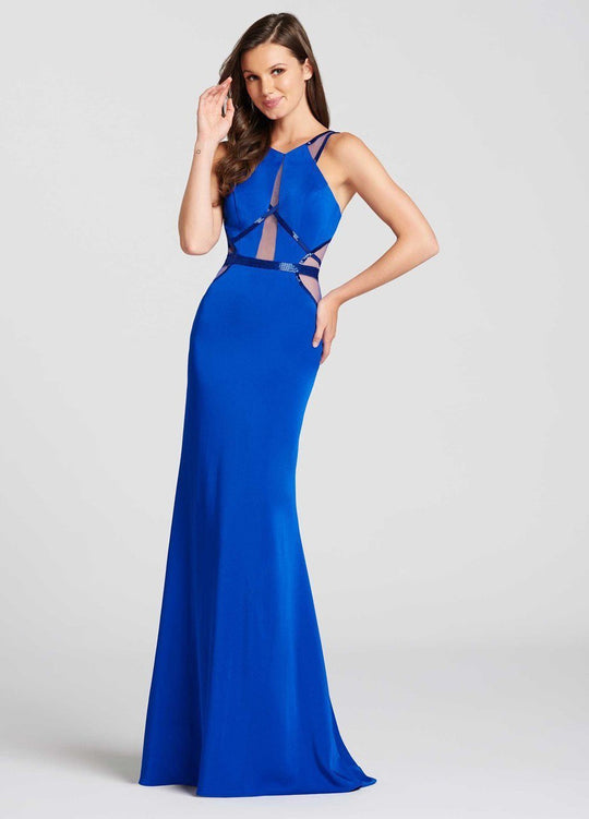 Ellie Wilde - EW118027 Sleeveless Beaded Halter Sheath Dress In Blue