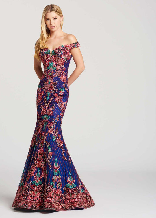 Ellie Wilde - EW118029 Embroidered Off-Shoulder Mermaid Gown In Multi-Color