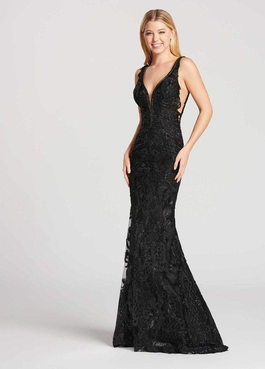 Ellie Wilde - EW118033 Bedazzled Deep V-neck Mermaid Dress In Black