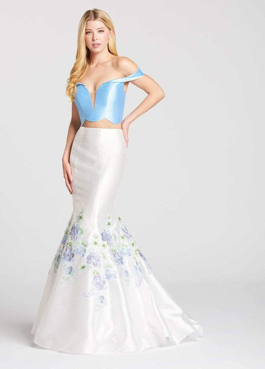 Ellie Wilde - EW118041 Two Piece Floral Embroidered Mermaid Dress In Blue and White