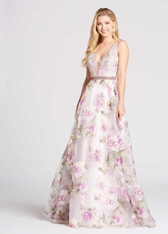 Ellie Wilde - EW118044 Floral Deep V-neck A-line Dress In Purple and Multi-Color