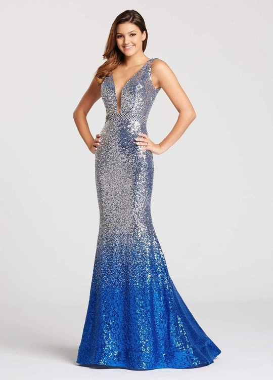 Ellie Wilde - EW118047 Ombre Sequined Deep V-neck Trumpet Dress In Silver and Blue