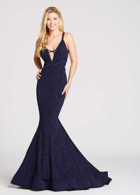 Ellie Wilde - EW118053 Strappy Plunging Fitted Trumpet Gown In Blue