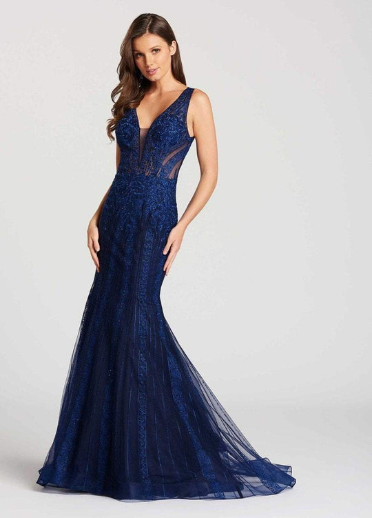 Embellished Illusion Bodice Sheath Gown in Blue
