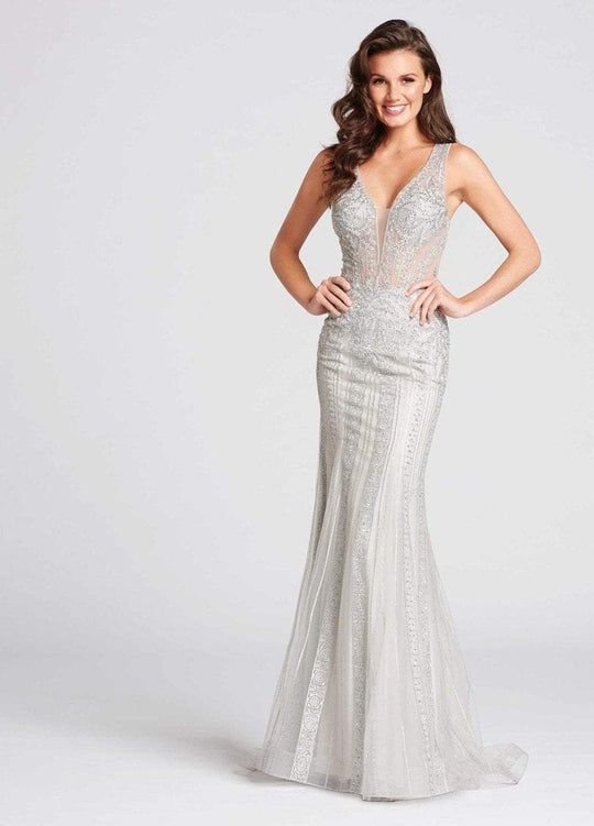 Ellie Wilde - EW118054 Beaded Deep V-neck Sheath Dress In Silver