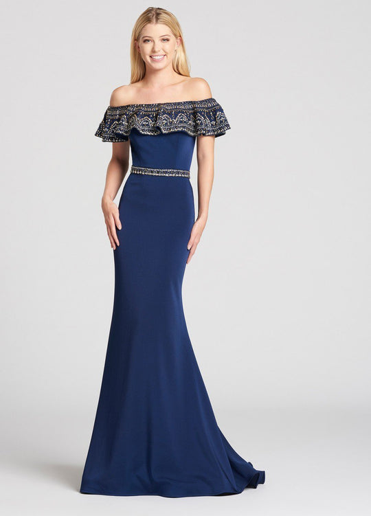 Ellie Wilde Beaded Off Shoulder Trumpet Dress EW118055 - 1 pc Navy In Size 10 Available In Blue
