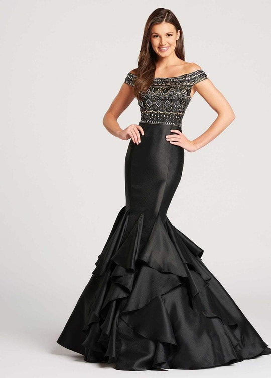 Ellie Wilde - EW118056 Beaded Off Shoulder Mermaid Dress In Black