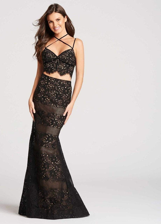 Ellie Wilde - EW118058 Two Piece Crisscross Fitted Trumpet Gown In Black and Neutral