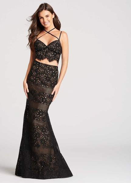 Ellie Wilde - Two Piece Crisscross Fitted Trumpet Gown EW118058 In Black and Neutral