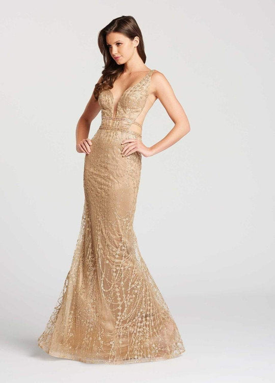 Ellie Wilde - EW118069 Embellished Deep V-neck Sheath Dress In Gold