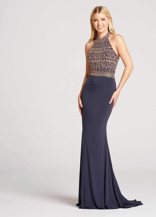 Ellie Wilde - EW118072 Beaded Halter Sheath Dress In Gray and Multi-Color