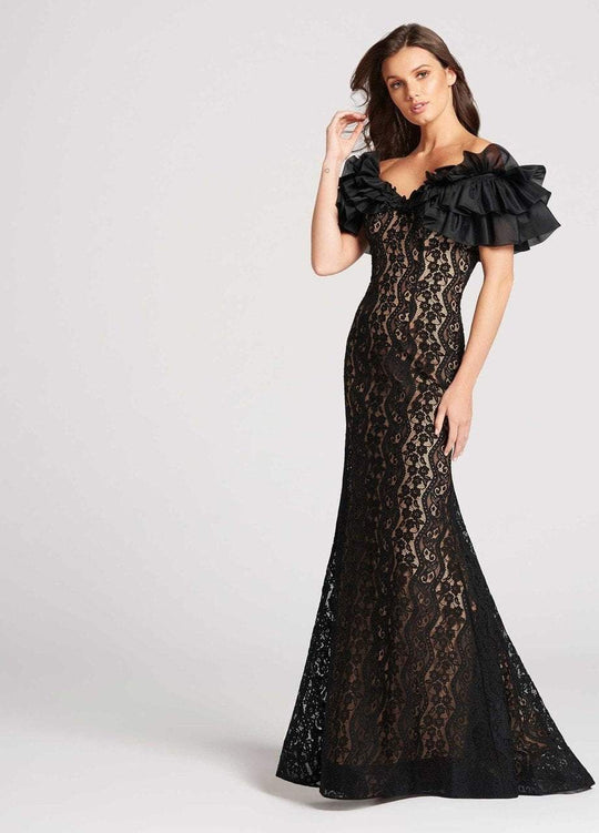 Ellie Wilde - EW118078 Ruffled Off Shoulder Fitted Dress In Black and Neutral