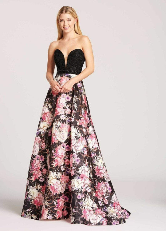 Ellie Wilde - EW118080 Strapless Plunging Floral Dress In Black and Multi-Color