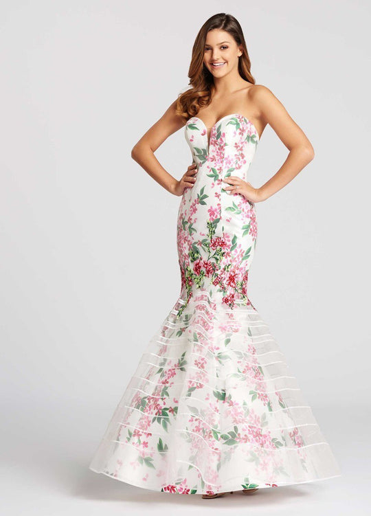 Ellie Wilde - EW118089 Floral Deep Sweetheart Mermaid Dress In White and Multi-Color
