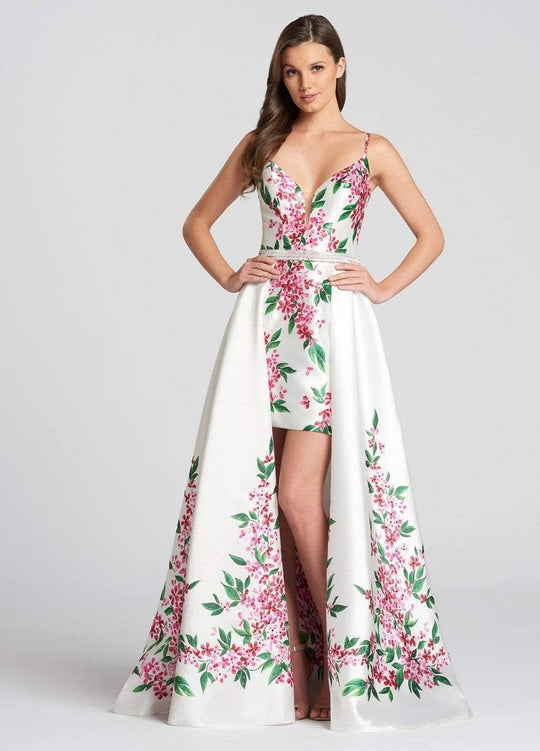 Ellie Wilde - EW118090 Beaded Deep V-neck Sheath Dress In White and Multi-Color