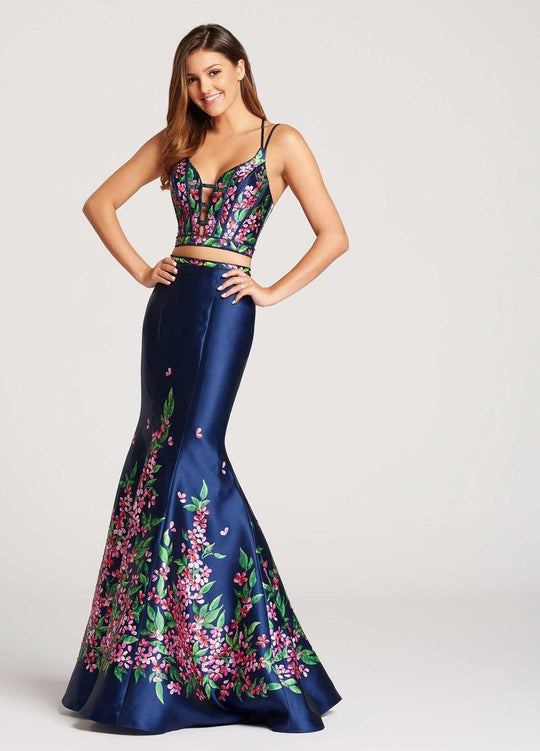 Ellie Wilde - EW118091 Floral Printed Two Piece Mermaid Dress In Blue and Multi-Color
