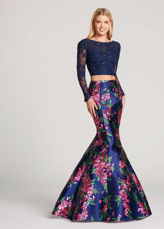 Ellie Wilde - EW118092 Two Piece Embellished and Printed Mermaid Dress In Blue and Multi-Color