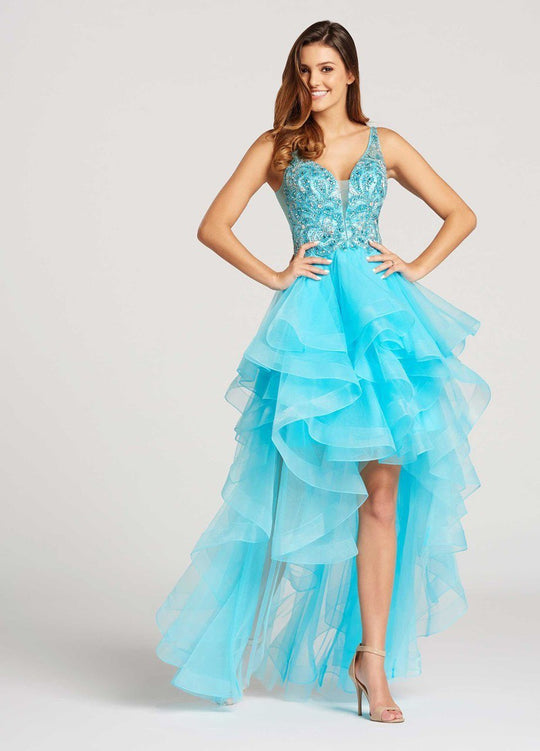 Ellie Wilde - EW118093 Deep V-neck High Low A-line Dress In Blue