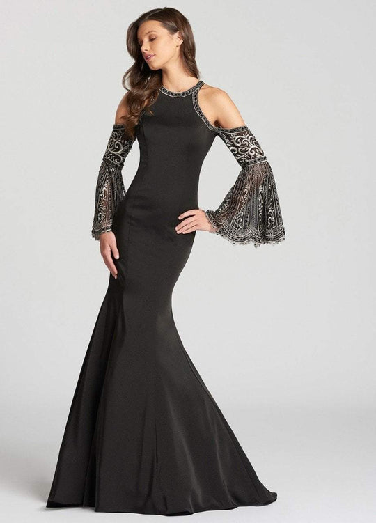 Ellie Wilde - EW118099 Long Belle Sleeve Fitted Mermaid Gown In Black and Silver