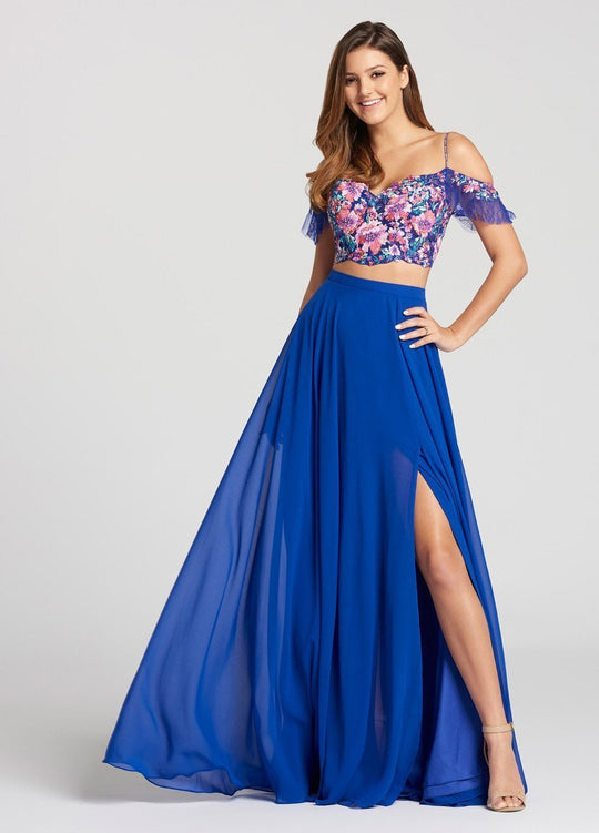 Ellie Wilde - EW118103 Two Piece Embroidered Lace Chiffon Dress In Blue and Multi-Color