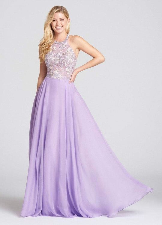 Ellie Wilde - EW118113 Lace Beaded Halter Evening Dress In Purple