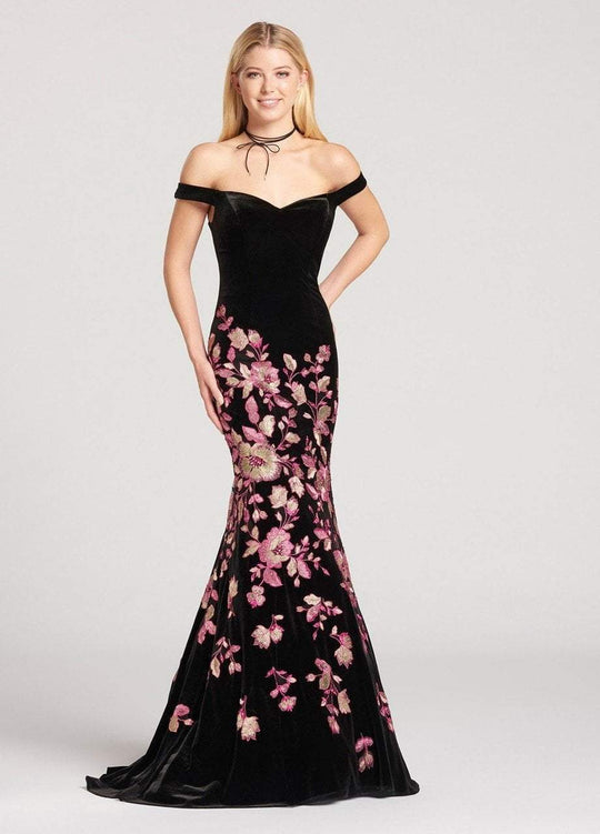 Ellie Wilde - EW118116 Off-Shoulder Metallic Embroidered Trumpet Dress In Black and Multi-Color