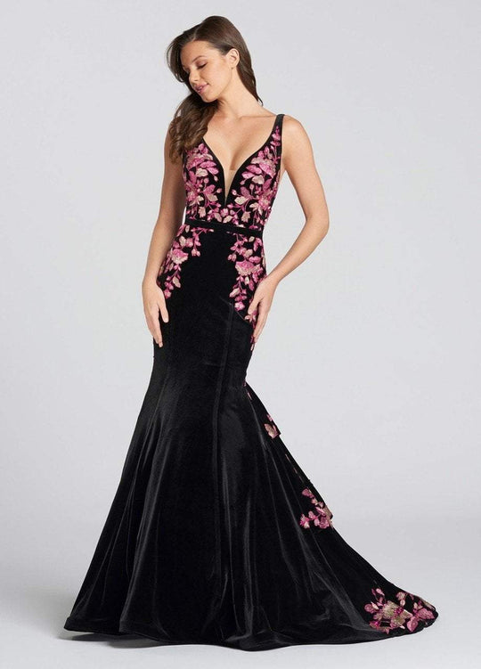 Ellie Wilde - EW118117 Embroidered Deep V-neck Mermaid Dress In Black and Multi-Color