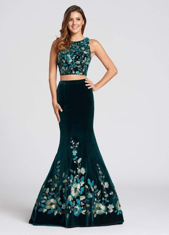 Ellie Wilde - EW118118 Two Piece Metallic Lace Velvet Dress In Green