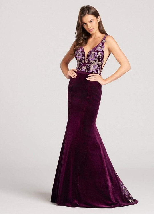 Ellie Wilde - EW118119 Floral Deep V-neck Mermaid Dress In Purple